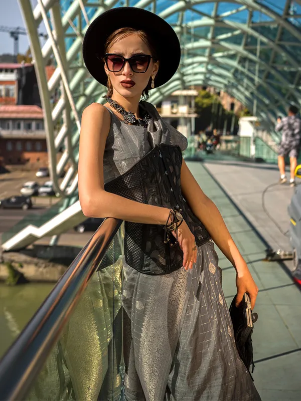 Grey_Premium_Katan_Silk_With_Blouse_Piece_For_Women_&_Girls