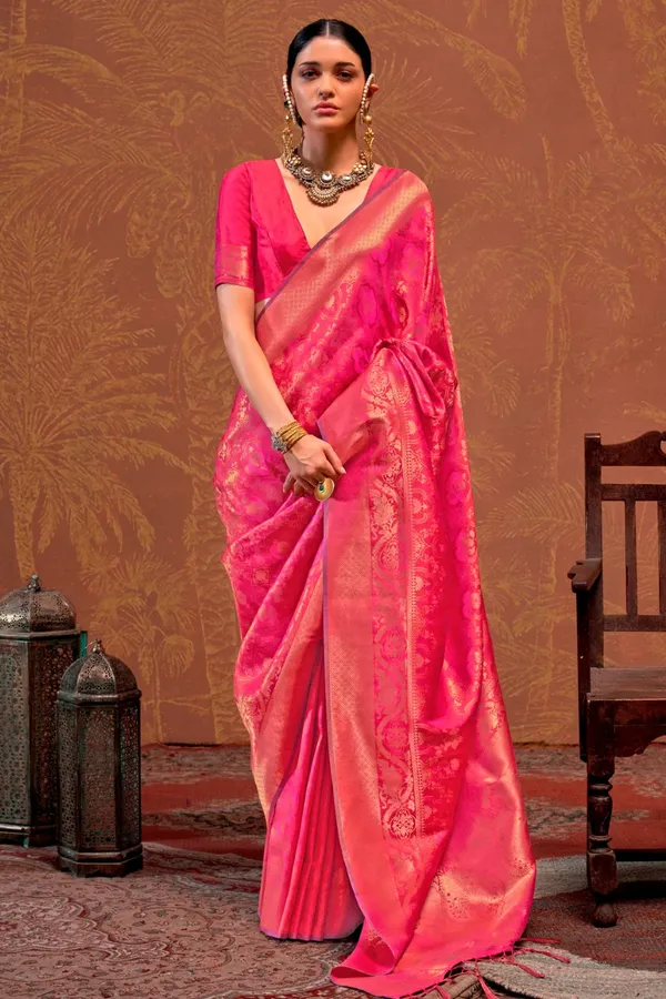 Pink_Premium_Silk_With_Blouse_Piece_For_Women_&_Girls