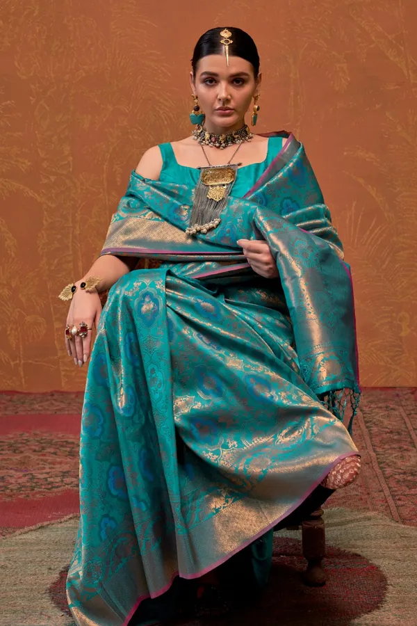 Blue_Premium_Silk_With_Blouse_Piece_For_Women_&_Girls