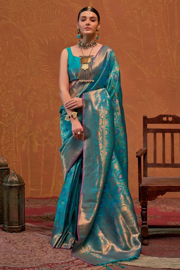 Blue_Premium_Silk_With_Blouse_Piece_For_Women_&_Girls