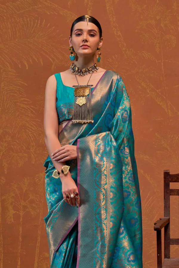 Blue_Premium_Silk_With_Blouse_Piece_For_Women_&_Girls