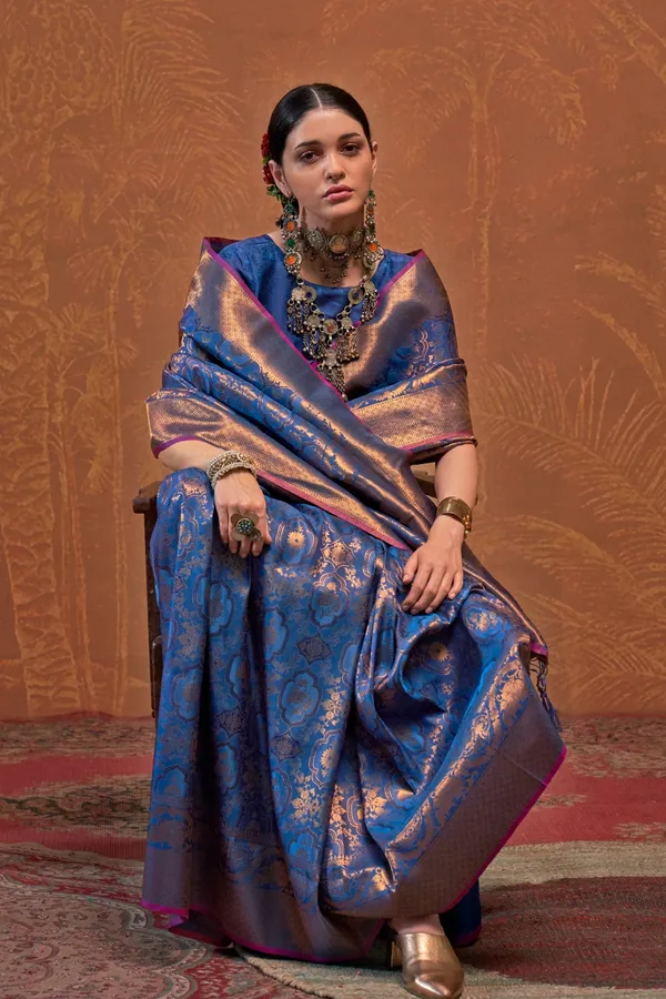 Dark_Blue_Premium_Silk_With_Blouse_Piece_For_Women_&_Girls