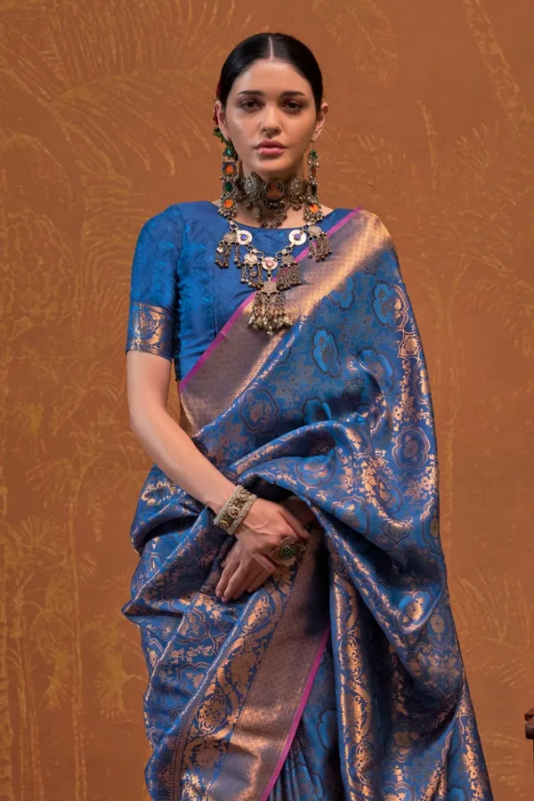 Dark_Blue_Premium_Silk_With_Blouse_Piece_For_Women_&_Girls