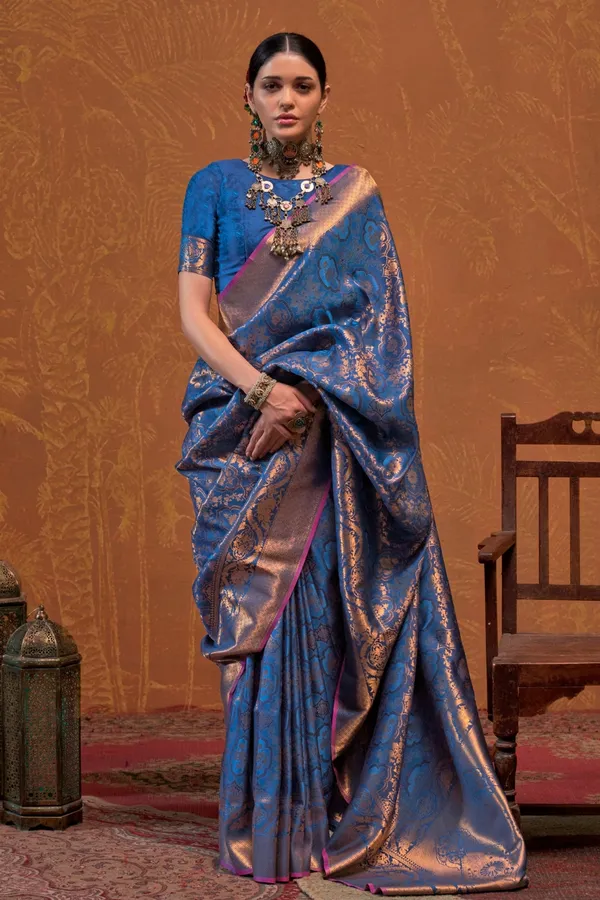 Dark_Blue_Premium_Silk_With_Blouse_Piece_For_Women_&_Girls