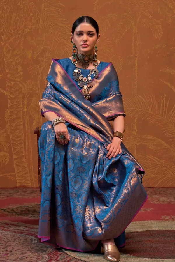 Dark_Blue_Premium_Silk_With_Blouse_Piece_For_Women_&_Girls
