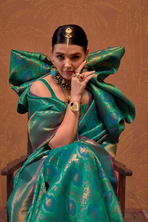Teal_Premium_Silk_With_Blouse_Piece_For_Women_&_Girls