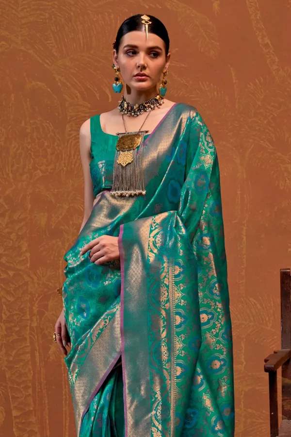 Teal_Premium_Silk_With_Blouse_Piece_For_Women_&_Girls