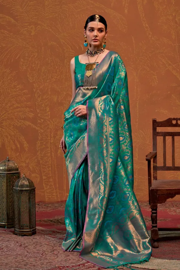 Teal_Premium_Silk_With_Blouse_Piece_For_Women_&_Girls