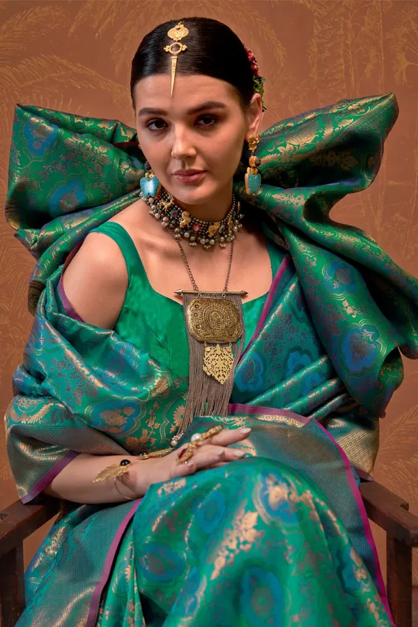 Teal_Premium_Silk_With_Blouse_Piece_For_Women_&_Girls