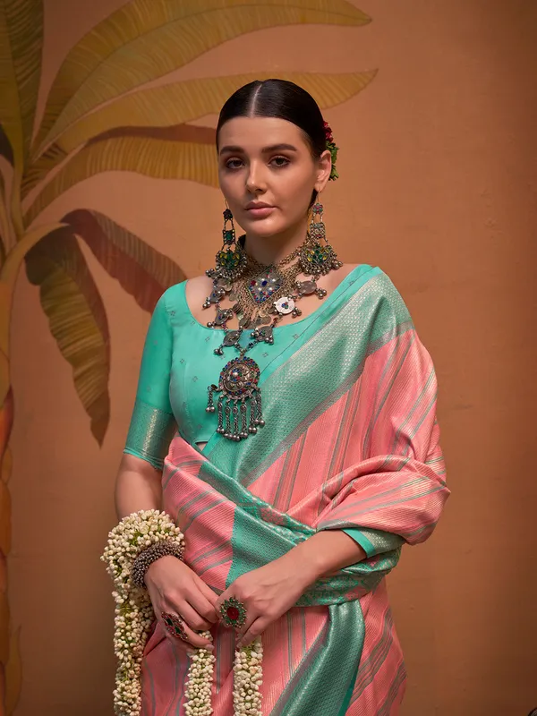 Peach_Premium_Silk_With_Blouse_Piece_For_Women_&_Girls