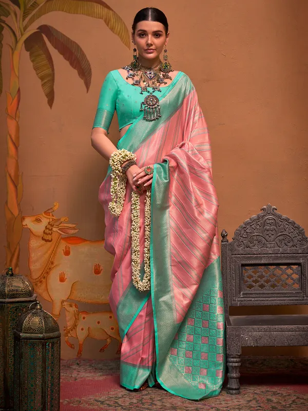 Peach_Premium_Silk_With_Blouse_Piece_For_Women_&_Girls