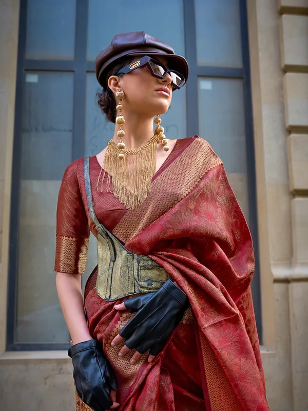 Dark_Red_Premium_Organza_Saree_With_Blouse_Piece_For_Women_&_Girls