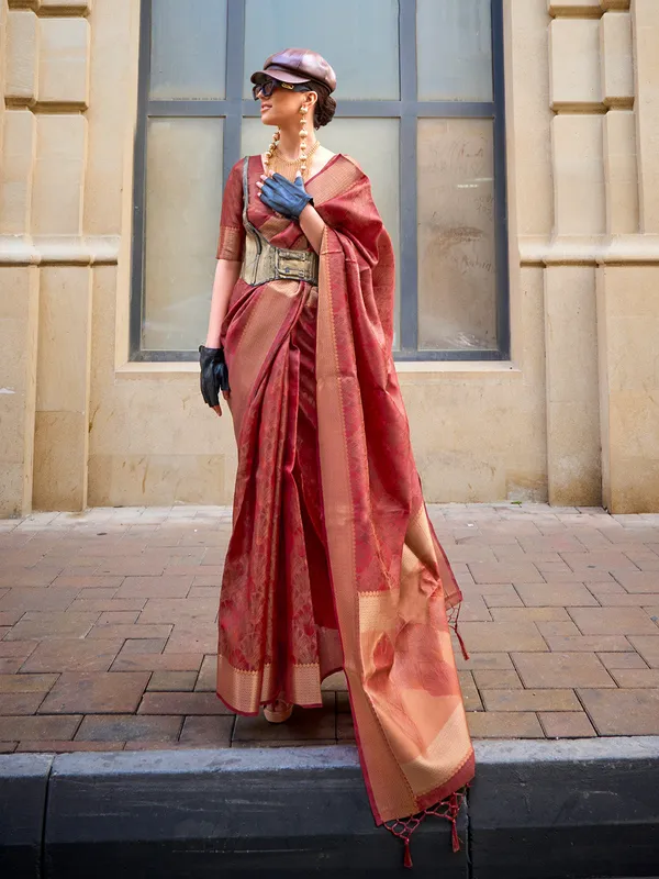 Dark_Red_Premium_Organza_Saree_With_Blouse_Piece_For_Women_&_Girls