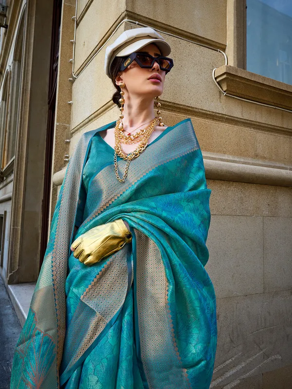 Sky_Blue_Premium_Organza_Saree_With_Blouse_Piece_For_Women_&_Girls