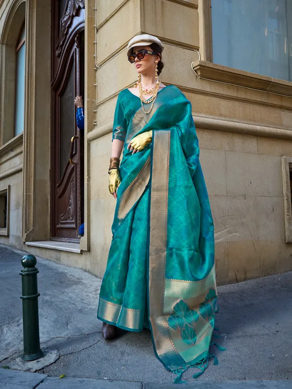 Sky_Blue_Premium_Organza_Saree_With_Blouse_Piece_For_Women_&_Girls