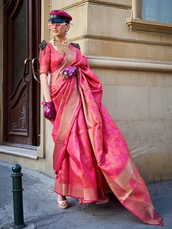 Cherry_Pink_Premium_Organza_Saree_With_Blouse_Piece_For_Women_&_Girls