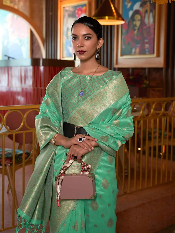 Mint_Green_Premium_Silk_With_Blouse_Piece_For_Women_&_Girls
