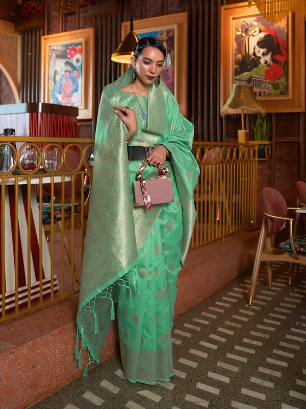 Mint_Green_Premium_Silk_With_Blouse_Piece_For_Women_&_Girls
