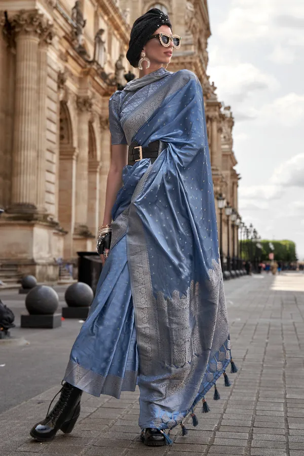 Blue_Premium_Banarasi_Silk_With_Blouse_Piece_For_Women_&_Girls