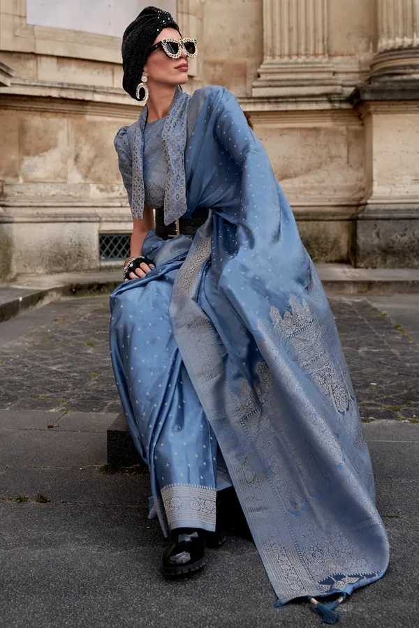 Blue_Premium_Banarasi_Silk_With_Blouse_Piece_For_Women_&_Girls