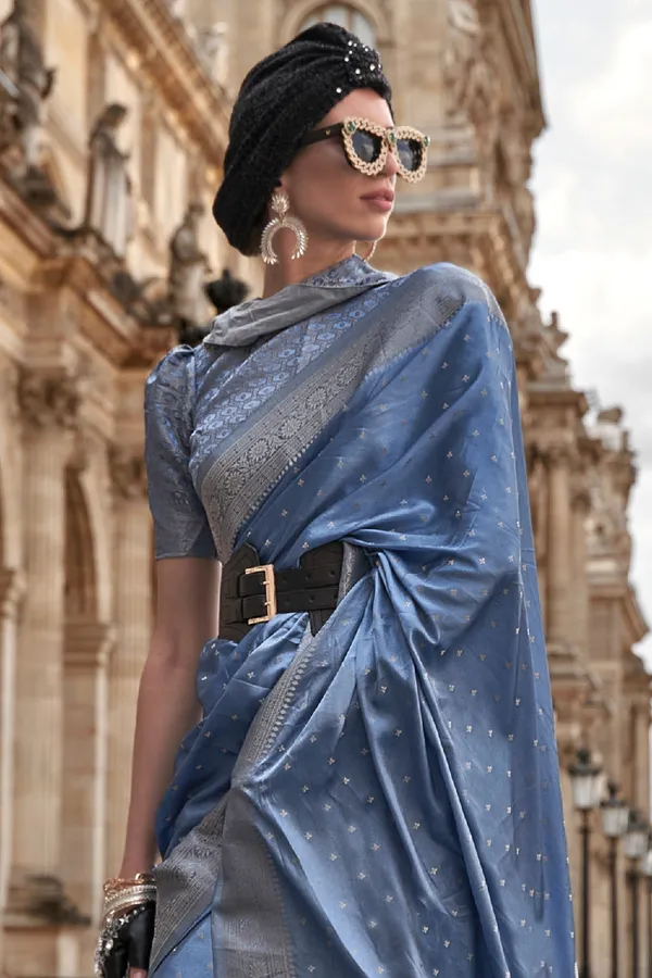 Blue_Premium_Banarasi_Silk_With_Blouse_Piece_For_Women_&_Girls