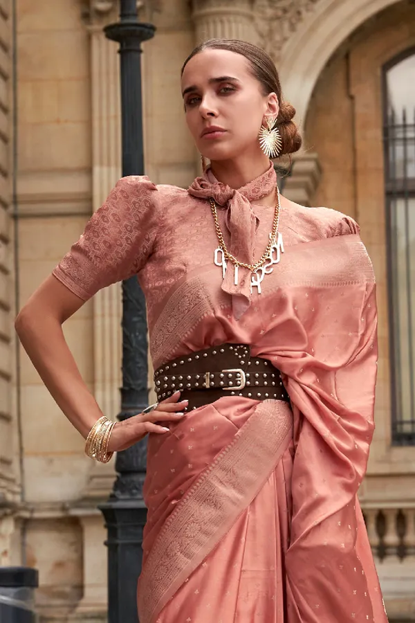 Peach_Premium_Banarasi_Silk_With_Blouse_Piece_For_Women_&_Girls
