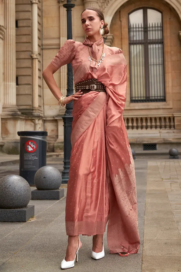 Peach_Premium_Banarasi_Silk_With_Blouse_Piece_For_Women_&_Girls