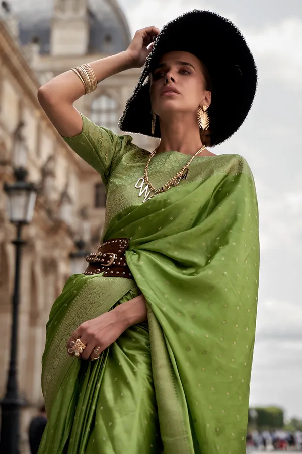 Green_Premium_Banarasi_Silk_With_Blouse_Piece_For_Women_&_Girls