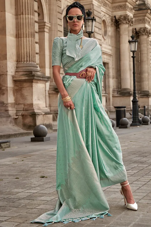 Sky_Blue_Premium_Banarasi_Silk_With_Blouse_Piece_For_Women_&_Girls