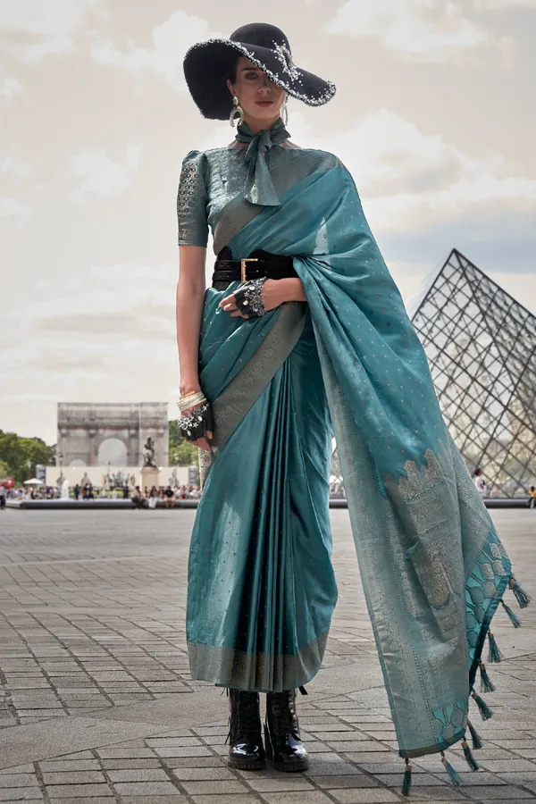 Ocean_Blue_Premium_Banarasi_Silk_With_Blouse_Piece_For_Women_&_Girls