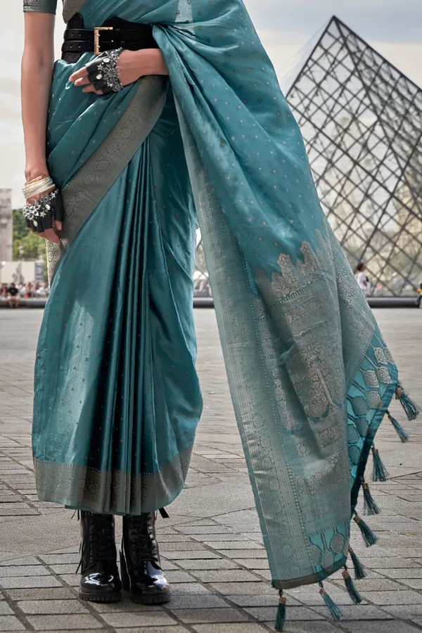 Ocean_Blue_Premium_Banarasi_Silk_With_Blouse_Piece_For_Women_&_Girls