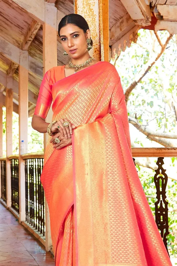 Salmon_Orange_Premium_Kanjivaram_Saree_With_Blouse_Piece_For_Women_&_Girls