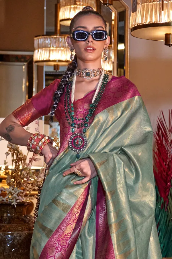 Light_Green_Premium_Zari_Tissue_Saree_With_Blouse_Piece_For_Women_&_Girls