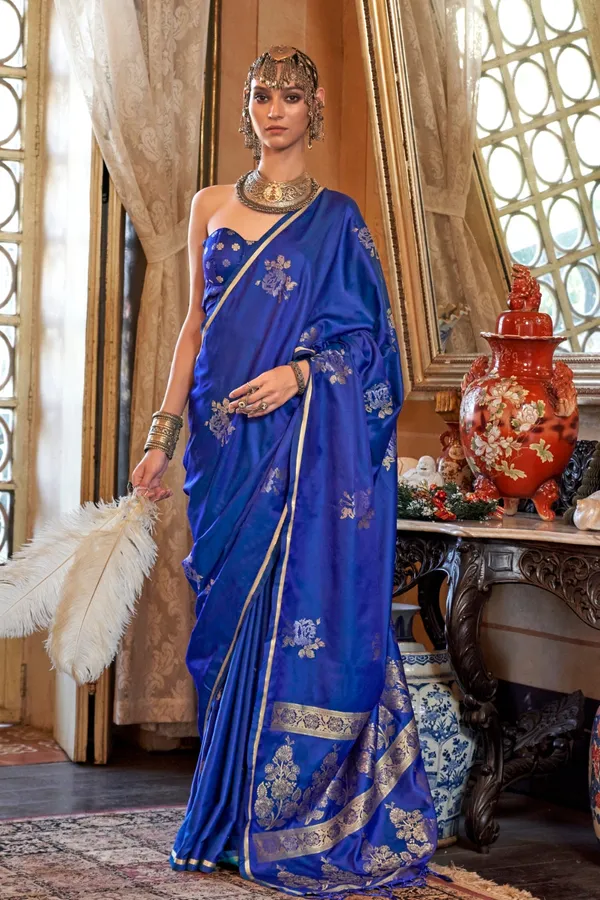Blue_Premium_Handloom_Weaving_Silk_With_Blouse_Piece_For_Women_&_Girls