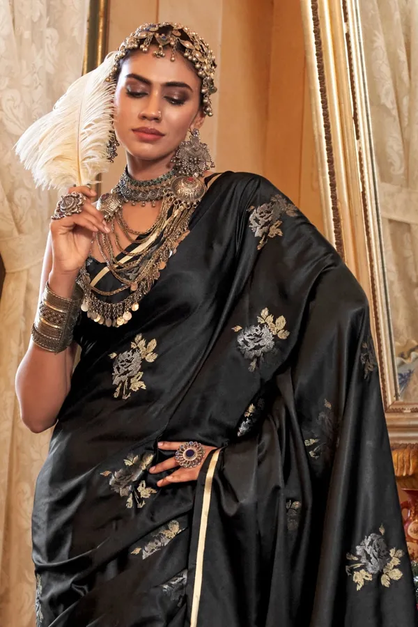 Black_Premium_Handloom_Weaving_Silk_With_Blouse_Piece_For_Women_&_Girls