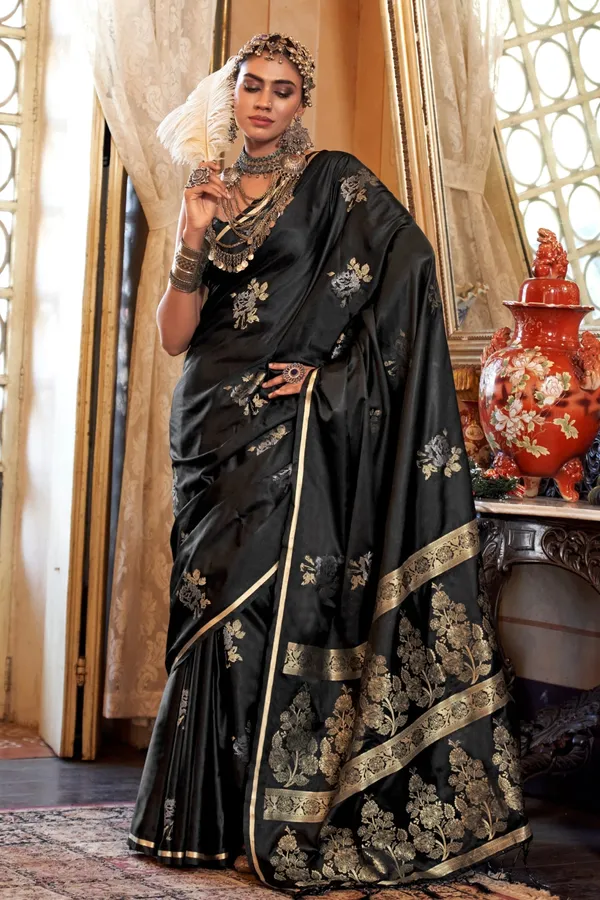 Black_Premium_Handloom_Weaving_Silk_With_Blouse_Piece_For_Women_&_Girls