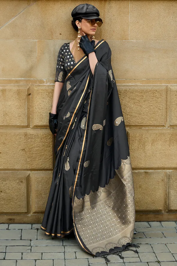 Black_Premium_Banarasi_Soft_Silk_With_Blouse_Piece_For_Women_&_Girls