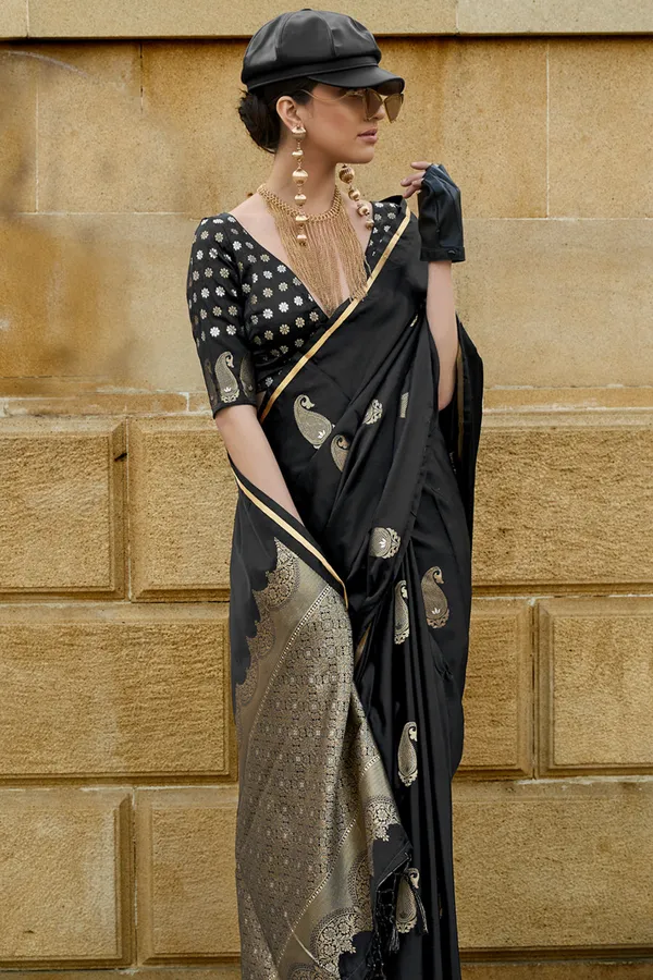 Black_Premium_Banarasi_Soft_Silk_With_Blouse_Piece_For_Women_&_Girls