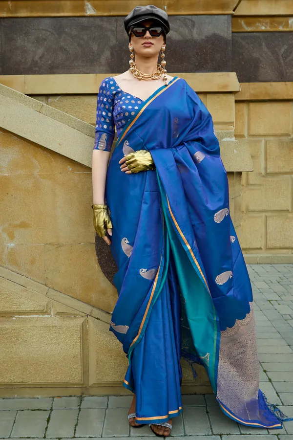 Blue_Premium_Banarasi_Soft_Silk_With_Blouse_Piece_For_Women_&_Girls