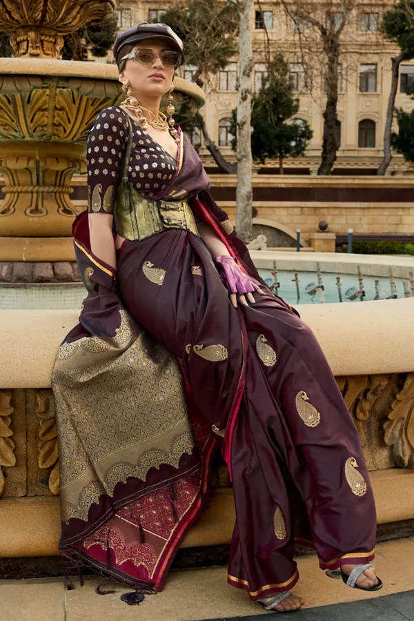Wine_Premium_Banarasi_Soft_Silk_With_Blouse_Piece_For_Women_&_Girls