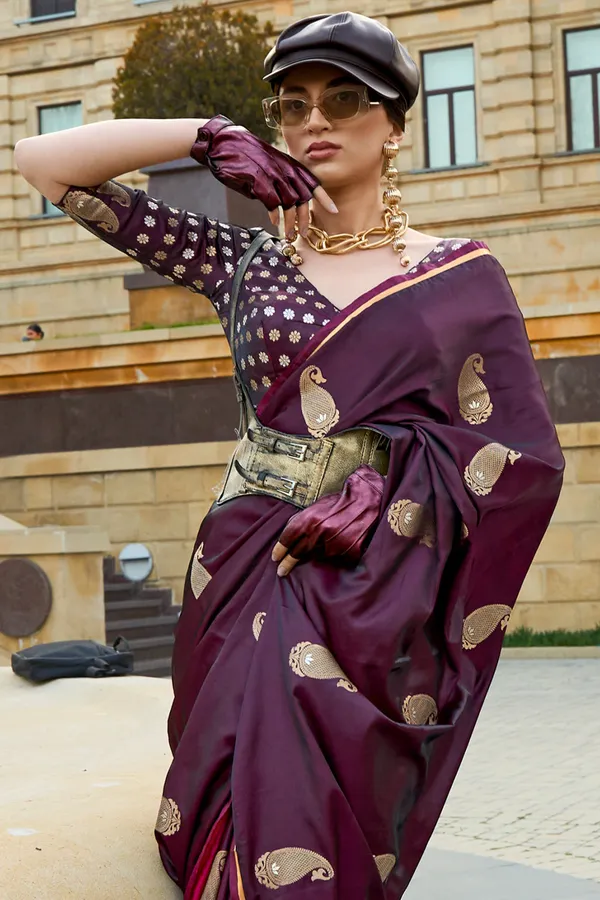 Wine_Premium_Banarasi_Soft_Silk_With_Blouse_Piece_For_Women_&_Girls