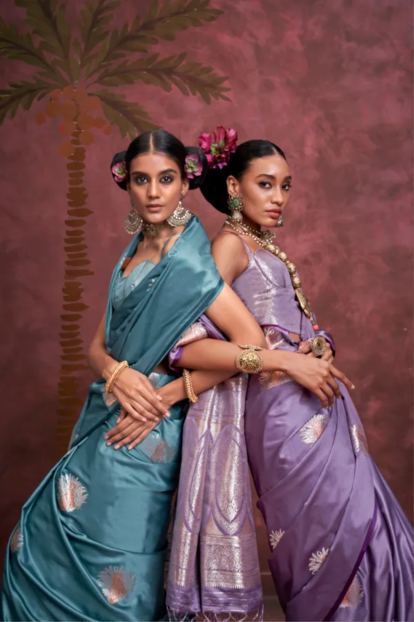 Blue_Premium_Satin_Saree_With_Blouse_Piece_For_Women_&_Girls