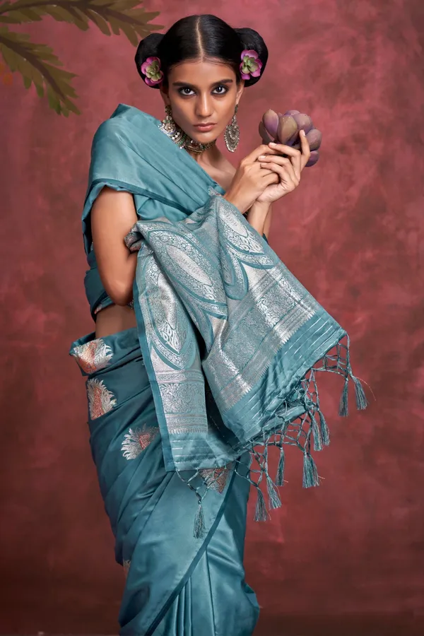 Blue_Premium_Satin_Saree_With_Blouse_Piece_For_Women_&_Girls