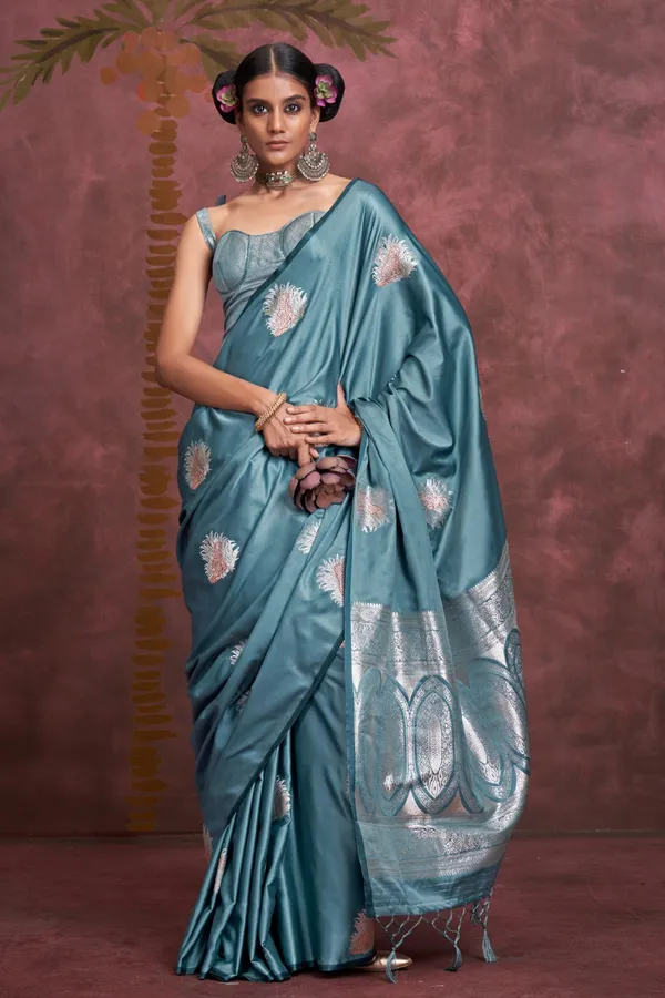 Blue_Premium_Satin_Saree_With_Blouse_Piece_For_Women_&_Girls