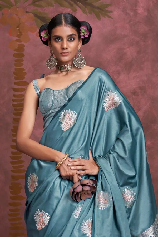 Blue_Premium_Satin_Saree_With_Blouse_Piece_For_Women_&_Girls