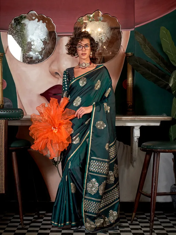 Dark_Green_Premium_Satin_Silk_With_Blouse_Piece_For_Women_&_Girls