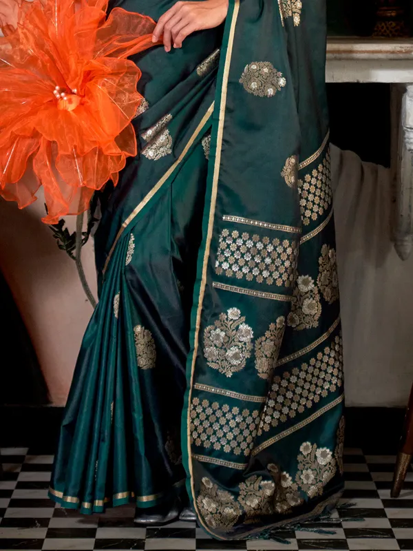 Dark_Green_Premium_Satin_Silk_With_Blouse_Piece_For_Women_&_Girls