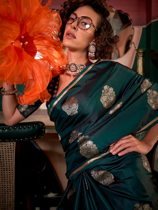 Dark_Green_Premium_Satin_Silk_With_Blouse_Piece_For_Women_&_Girls