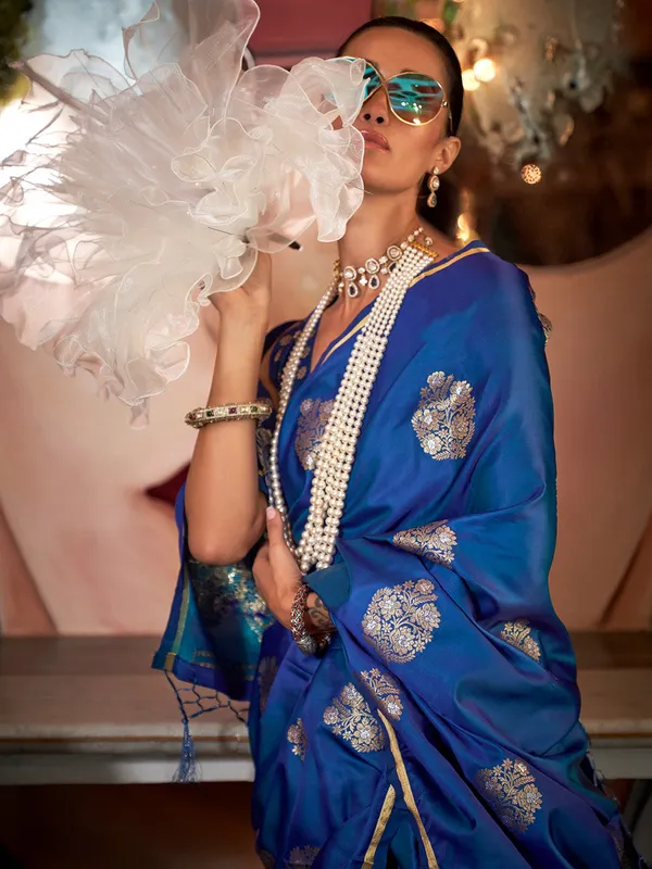 Blue_Premium_Satin_Silk_With_Blouse_Piece_For_Women_&_Girls