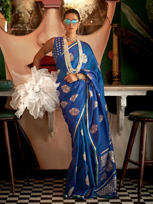 Blue_Premium_Satin_Silk_With_Blouse_Piece_For_Women_&_Girls